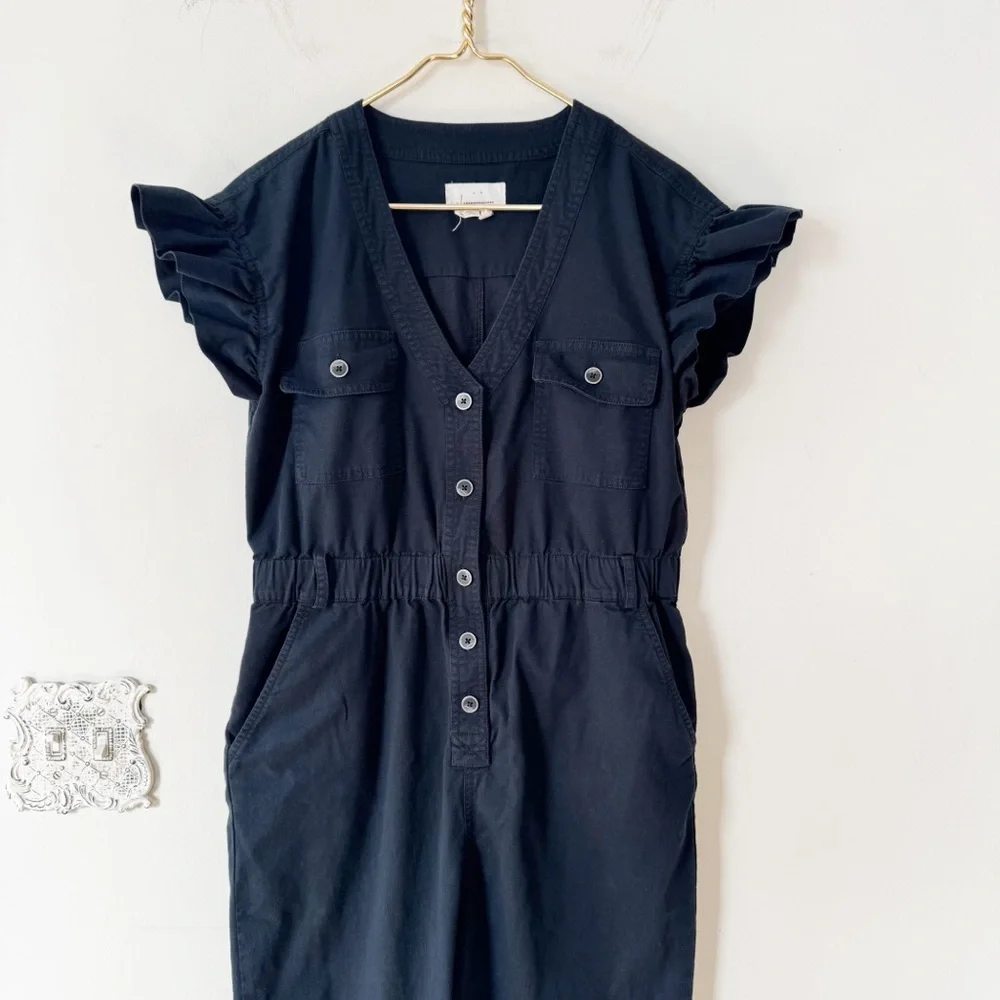 Anthropologie Tapered Ruffle Utility Jumpsuit Washed Black M - Picture 4 of 7